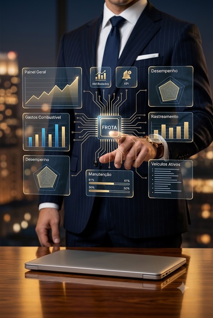 Painel de gestão de frota com KM rodados, manutenção e desempenho